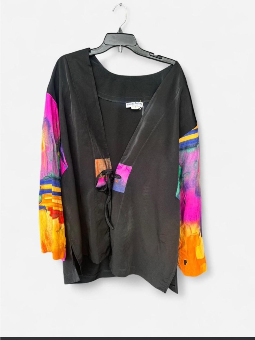 Black Open Front Jacket with Vibrant Colorblock Sleeves